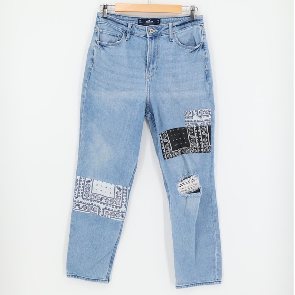 Hollister Ultra High Rise Mom Jeans Patchwork Distressed Boho Hippie Size 9R - Picture 1 of 9
